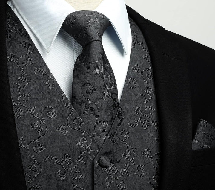 HISDERN Herren FLoral Hochzeit Weste Krawatte Einstecktuch Taschentuch Jacquard Weste Anzug Set M Sc