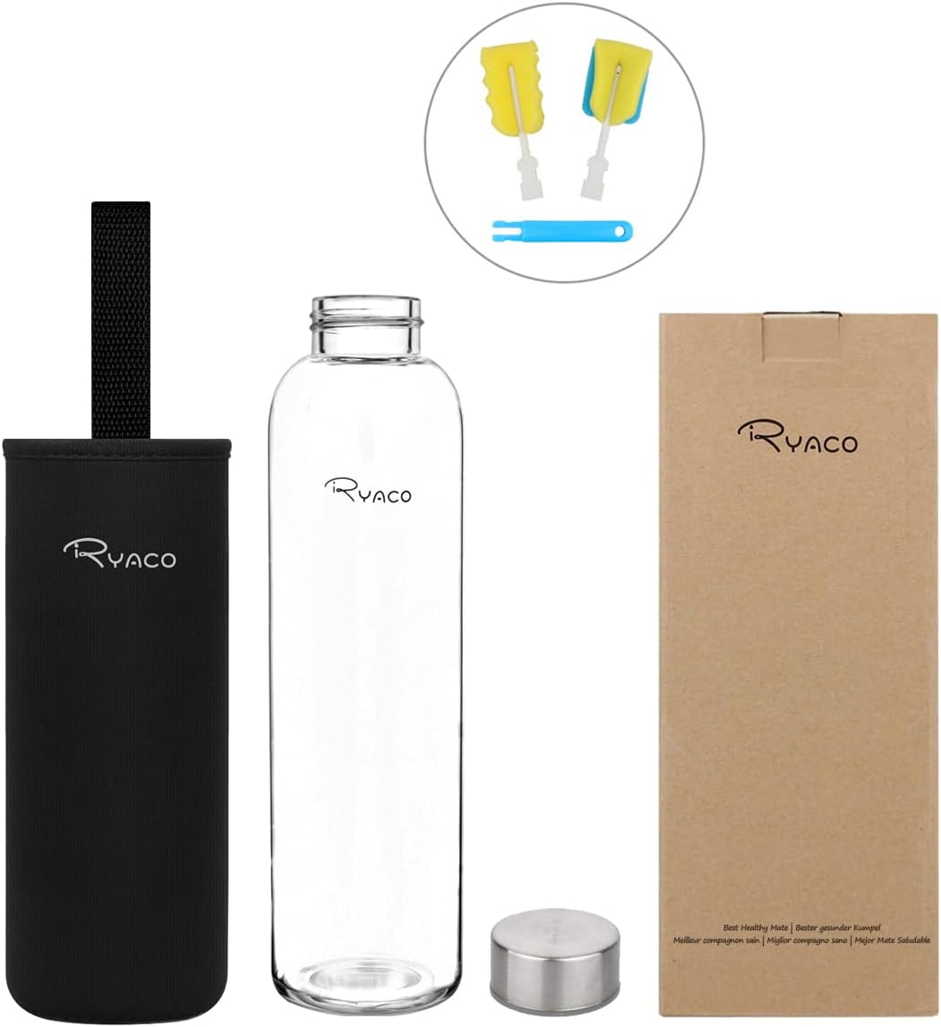 Ryaco Trinkflasche aus Glas 550ml/750ml/1000ml/1L,Glasflasche mit Neoprenhülle,Glastrinkflasche mit