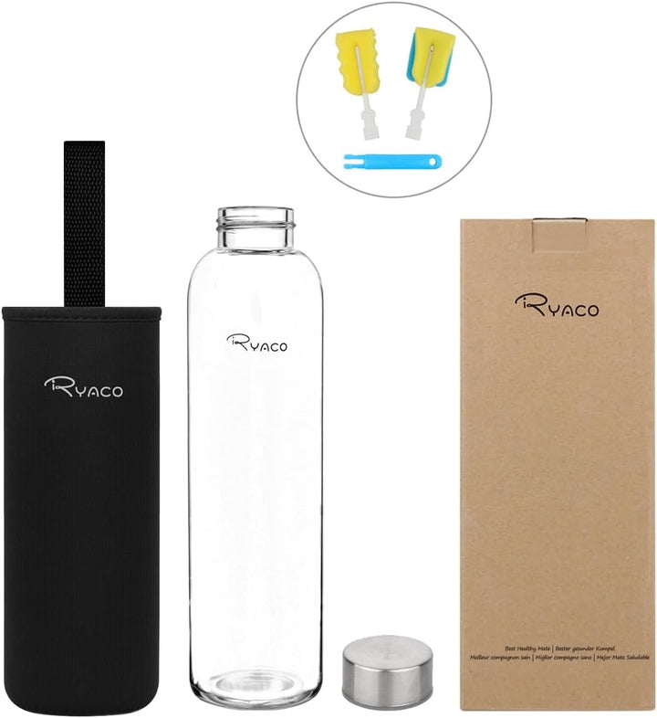 Ryaco Trinkflasche aus Glas 550ml/750ml/1000ml/1L,Glasflasche mit Neoprenhülle,Glastrinkflasche mit