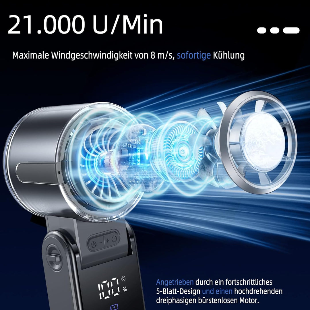 Handventilator Akku Aufladbar, Tragbarer Klein Turbo-Ventilator mit 100 Stufen Wind, 3-in-1 Mini Ven