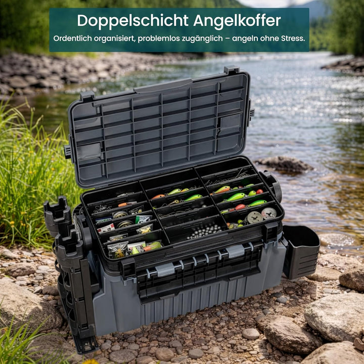 2-stöckig Gross Angelkoffer Tackle Box mit Rutenhalter & Becherhalter, klappbarem Tragegriff, 43×23×