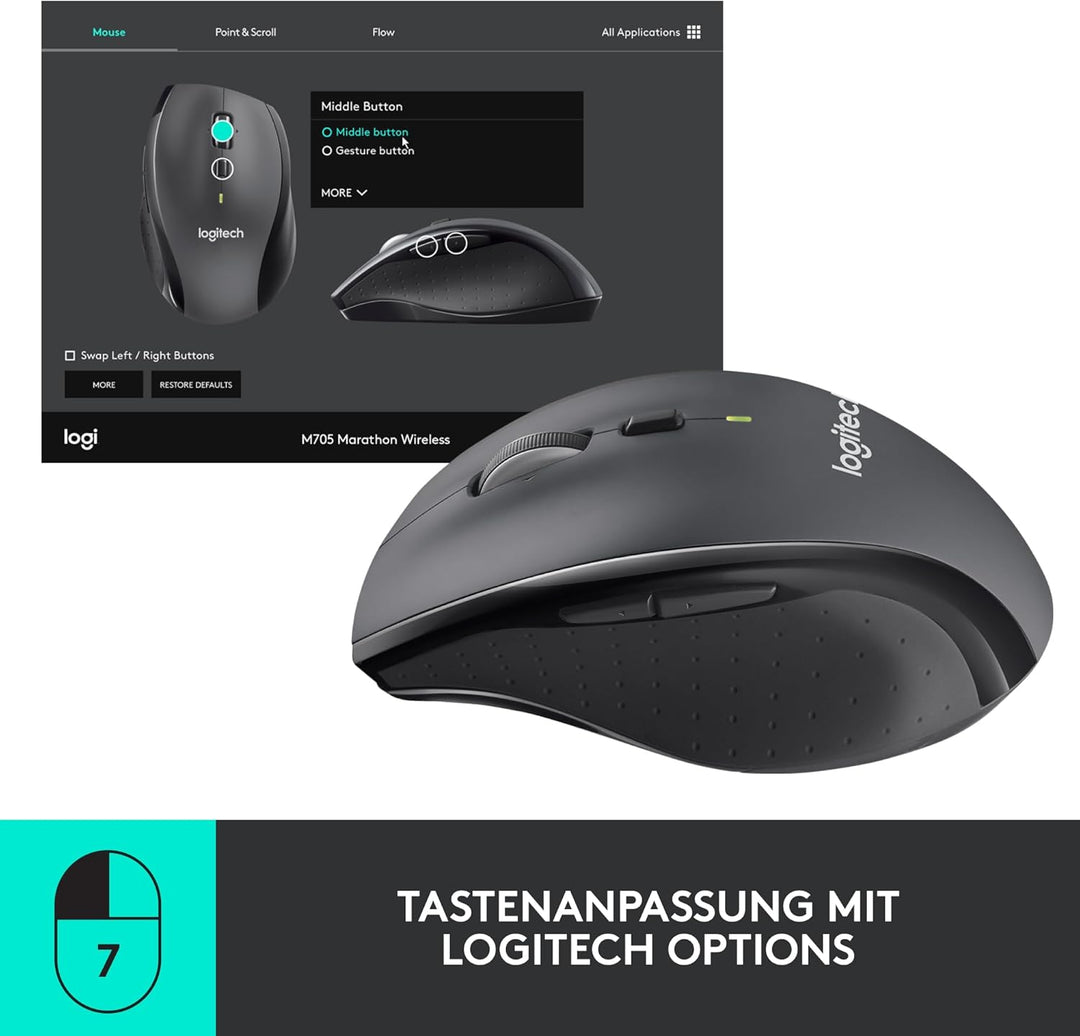 Logitech M705 Marathon Kabellose Maus, 2,4 GHz mit USB-Unifying-Empfänger, 1000 DPI, 5 programmierba