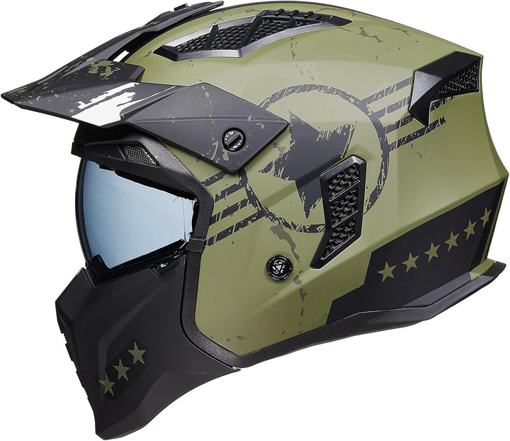 ILM Helm Motorrad Motocross Herren Damen Vintage Retro mit Visier ECE Model Z302,Armee Grün, M M Arm