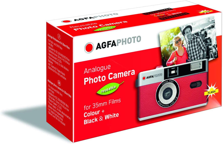 AgfaPhoto analoge 35mm Kleinbildfilm Foto Kamera rot + Schwarz/Weiss Bilder Film + Batterie rot Set