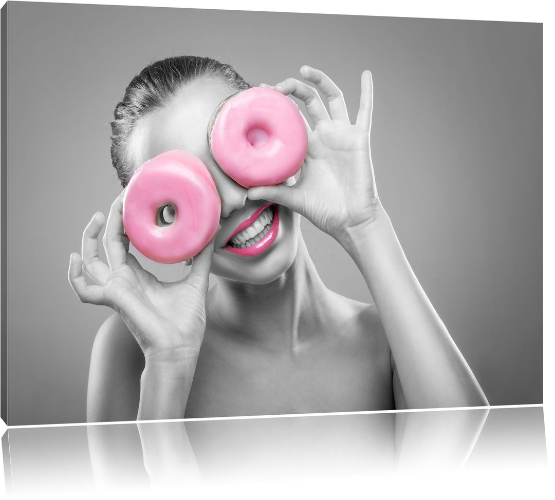 lustige Frau mit rosa Donut Augen schwarz/weiss Format: 100x70 auf Leinwand, XXL riesige Bilder fert