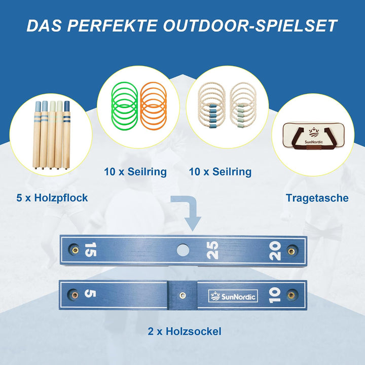 SunNordic Ringwurfspiel-Set aus Holz inklusive Wurfringen und Tragetasche Blue, Blue