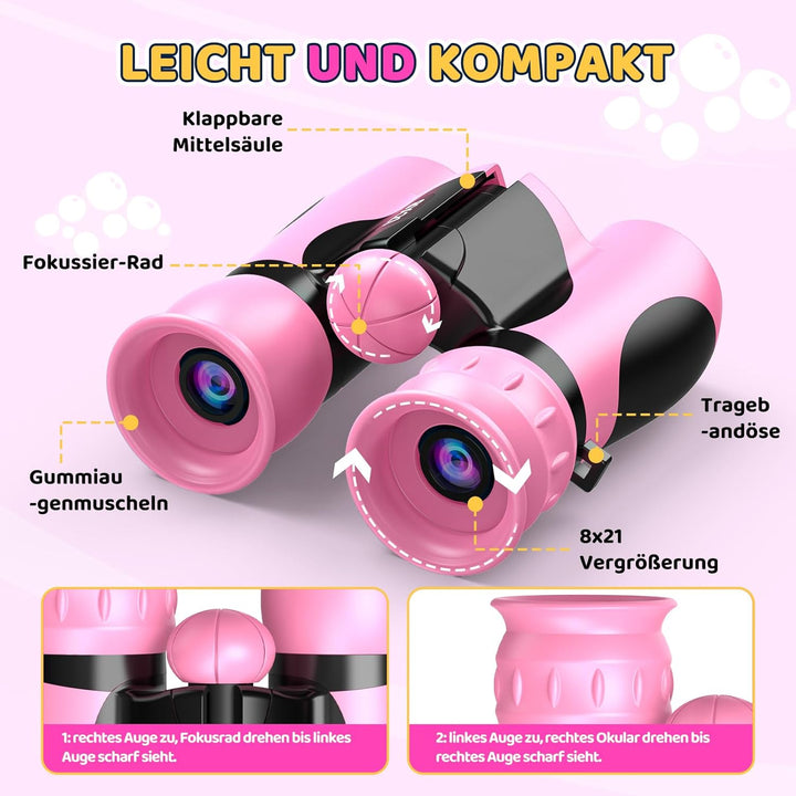 Fernglas für Kinder 8X21 mit Lupe & Kompass & Entdeckerkarten - Geschenk Mädchen 3-10 Jahre, Outdoor