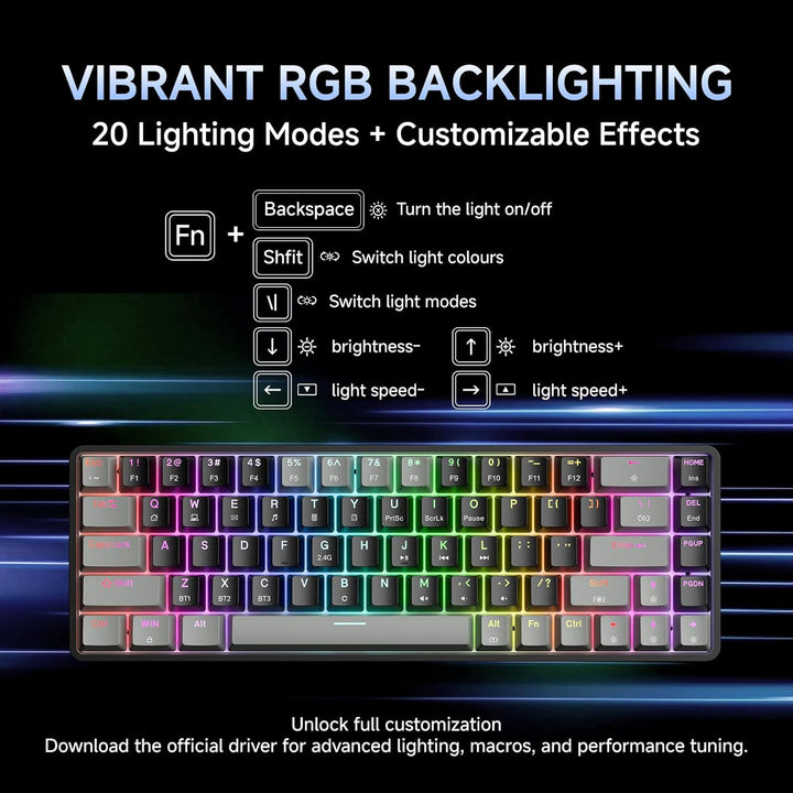 Dierya DK68 Kabellose Gaming Tastatur Bluetooth/2.4GHz/USB-C,68 Tasten RGB Beleuchtung Mechanische T