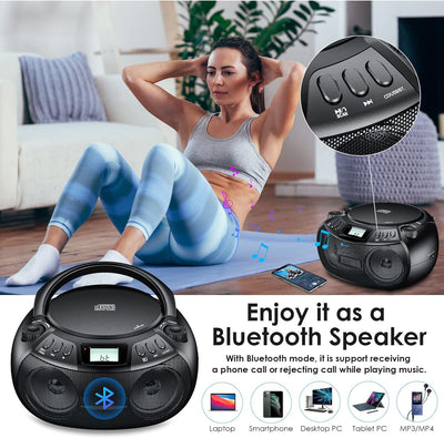 Gueray Tragbarer CD Player Boombox mit Bluetooth, UKW Radio AM Radio, Stereo-Lautsprecher, USB & AUX