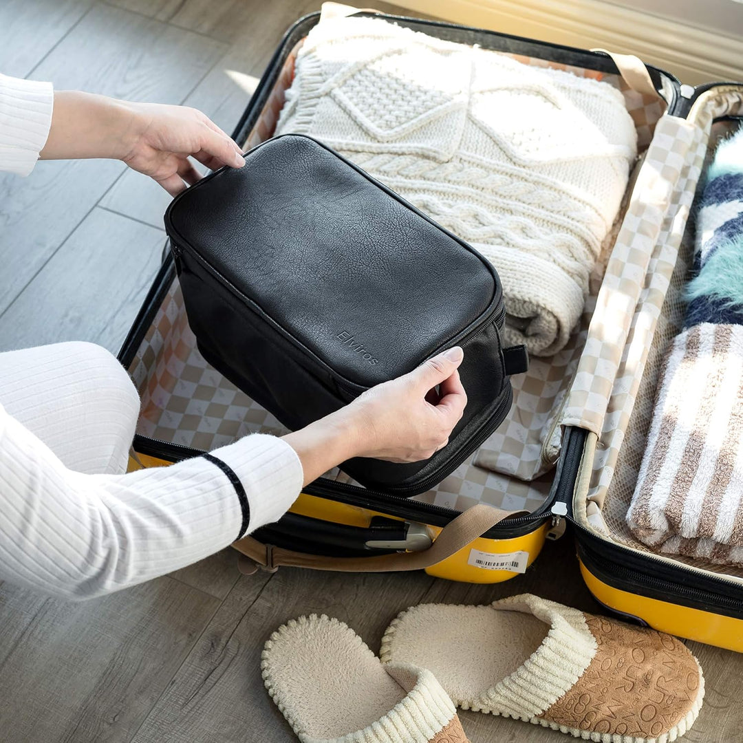 Elviros Kulturbeutel PU-Leder für Reise Herren, grosse wasserdichte Waschtasche Männer, Kulturtasche