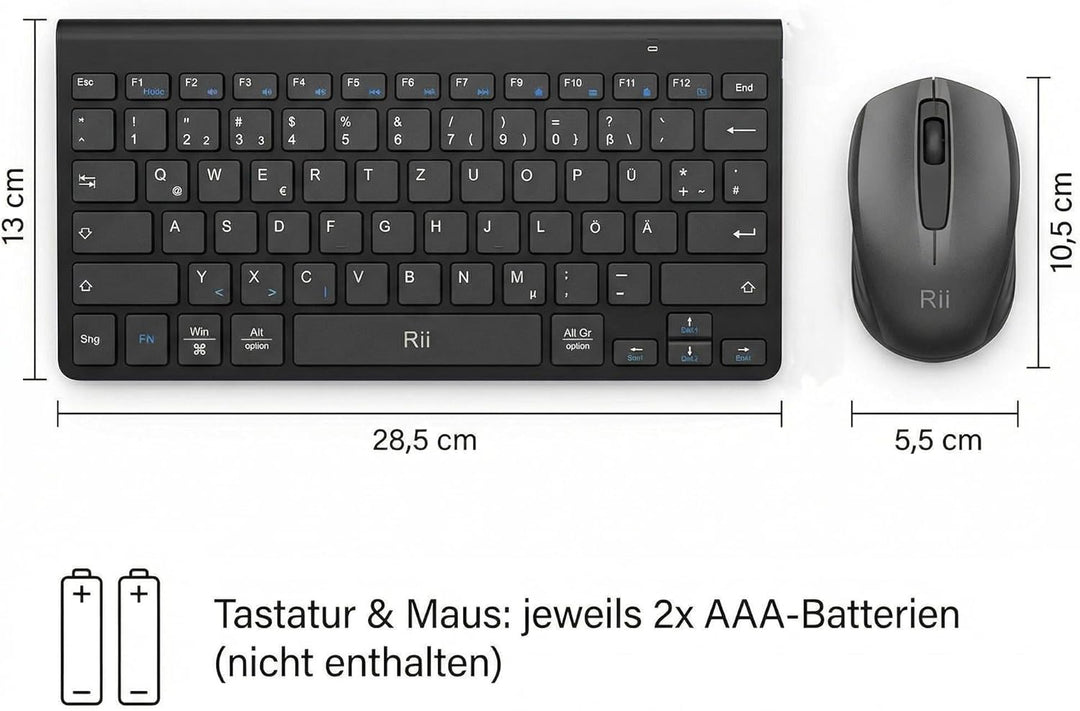 Rii Mini Tastatur Maus Set Kabellos, QWERTZ Deutsches Layout, 2,4GHz Empfänger, Superflaches Design