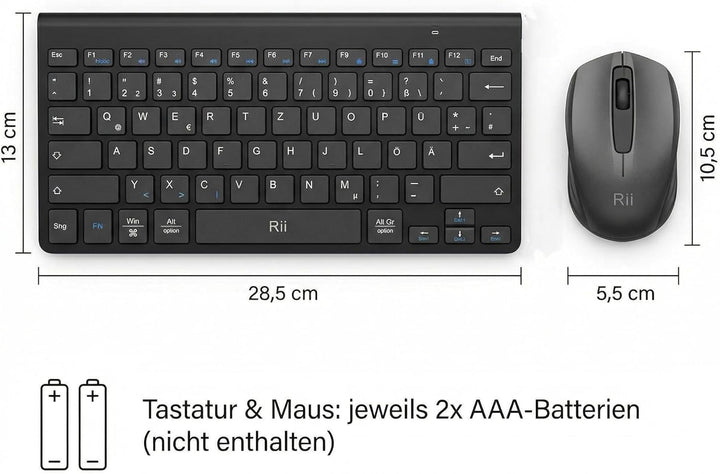 Rii Mini Tastatur Maus Set Kabellos, QWERTZ Deutsches Layout, 2,4GHz Empfänger, Superflaches Design