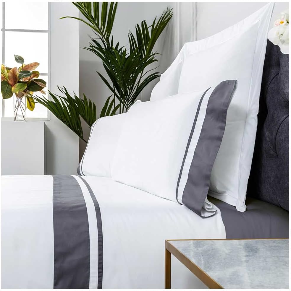 Cotton Artean Bettwäsche-Set, ägyptische Baumwolle, Fadenzahl 300, Weiss und Grau, Bettgrösse 180 x