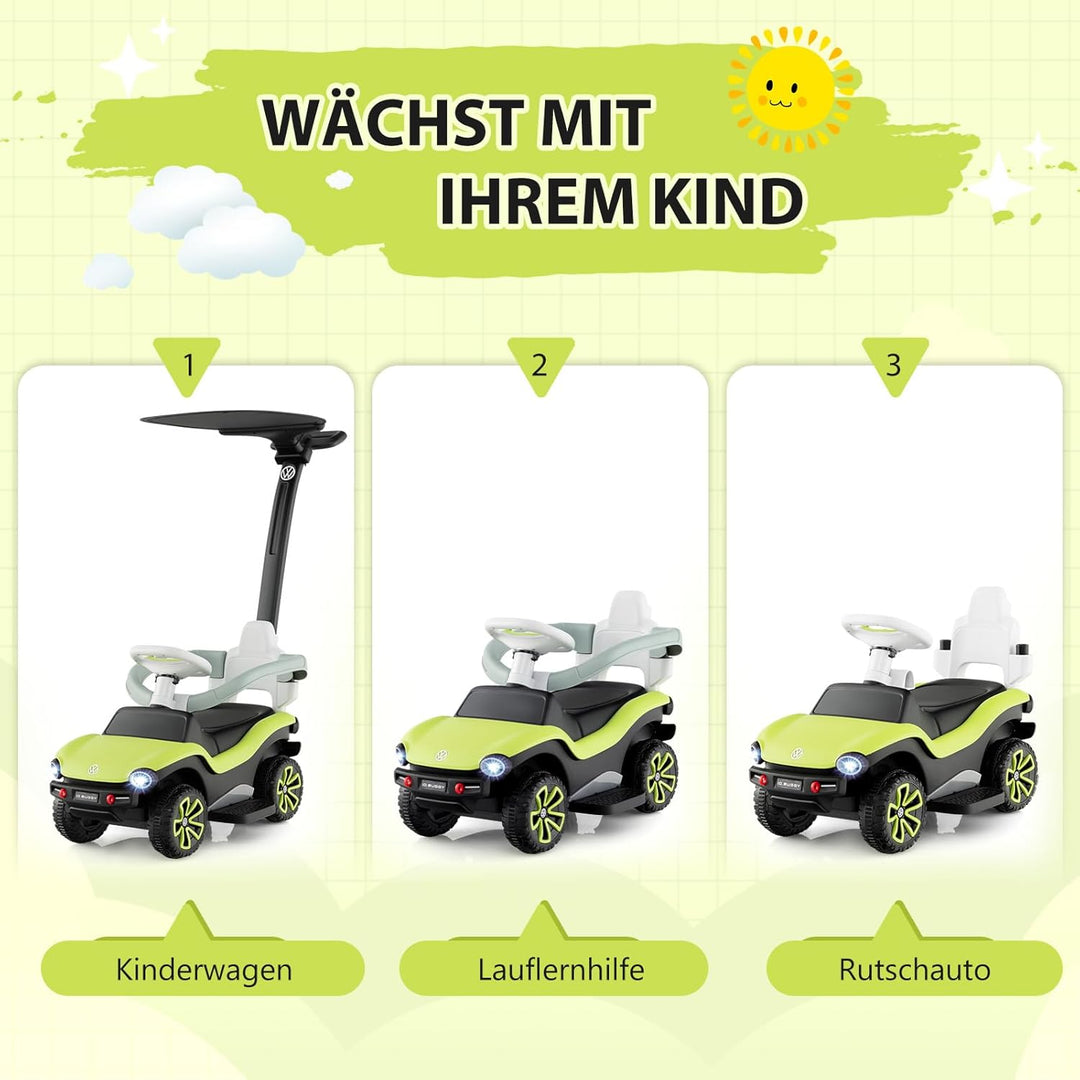 COSTWAY 3 in 1 Volkswagen Rutschauto, Schiebeauto mit verstellbarem Schiebegriff & Sonnendach, Rutsc