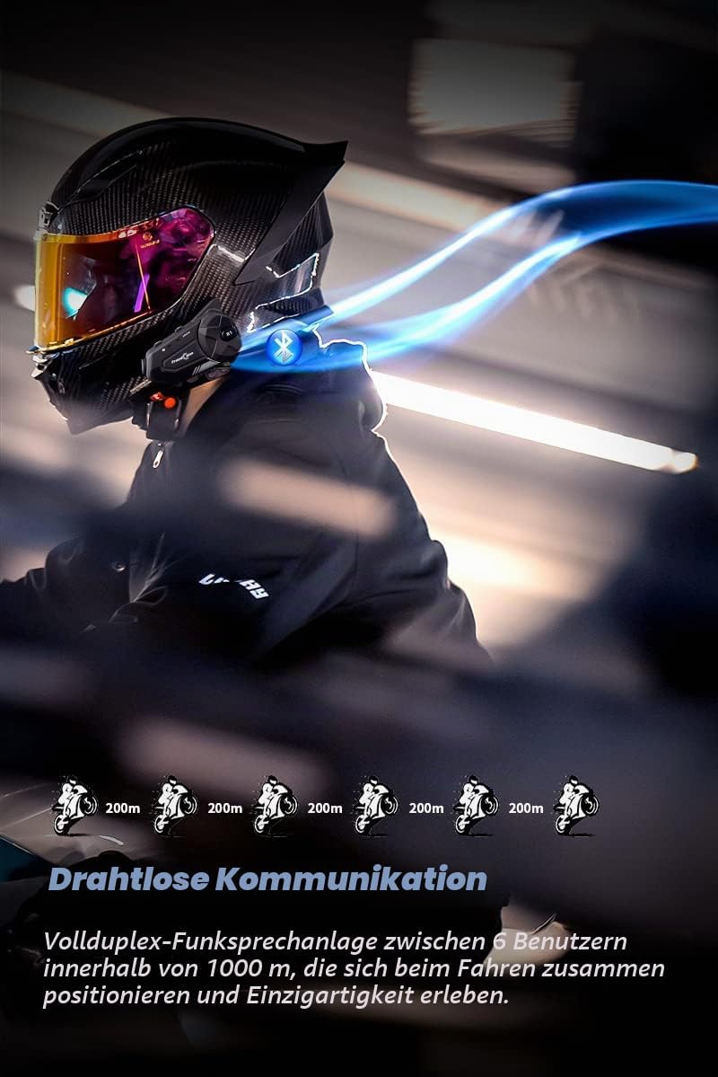 FreedConn Motorrad Helm Bluetooth Headset mit Kamera, R1 Pro 6-Wege 1000M Gegensprechanlage,Motorrad