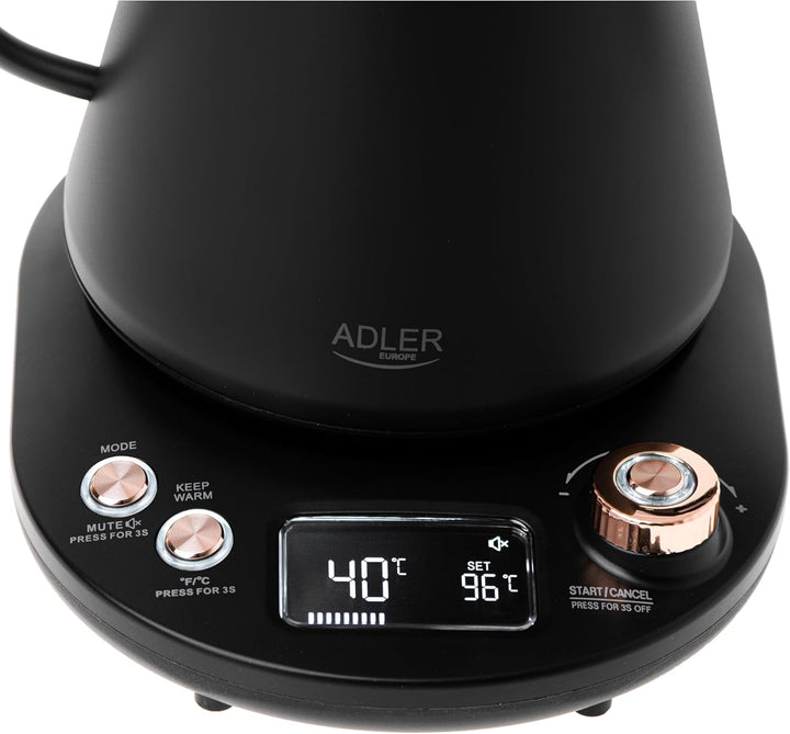 ADLER EUROPE AD 1349 Wasserkocher 1L – Schwarz-Gold, LED-Temperaturanzeige, 900W, Temperaturregulier
