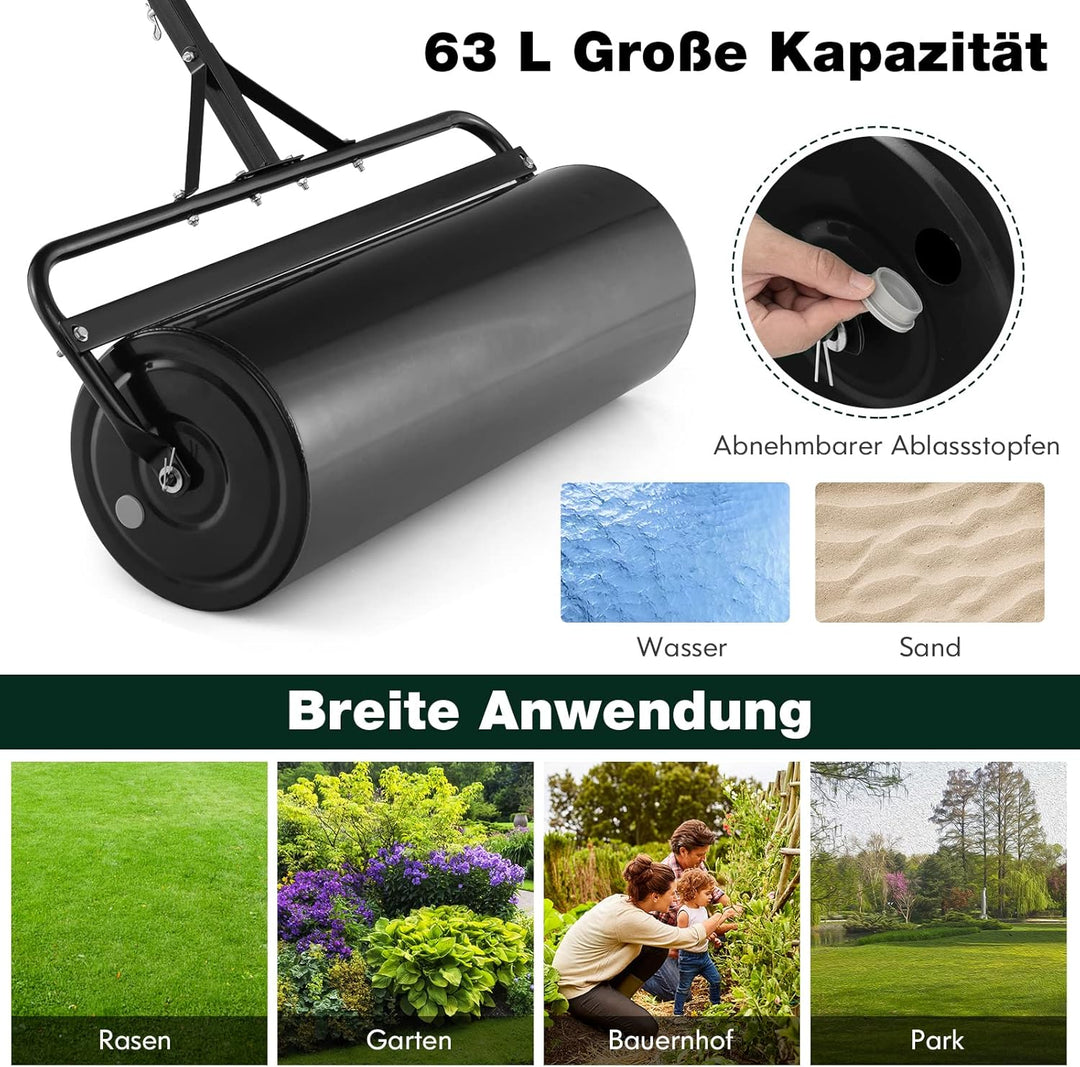 COSTWAY Rasenwalze befüllbar Wasser oder Sand, 63 L, Ø 30 cm x 99 cm, Bodenwalze mit Griff, Gartenwa