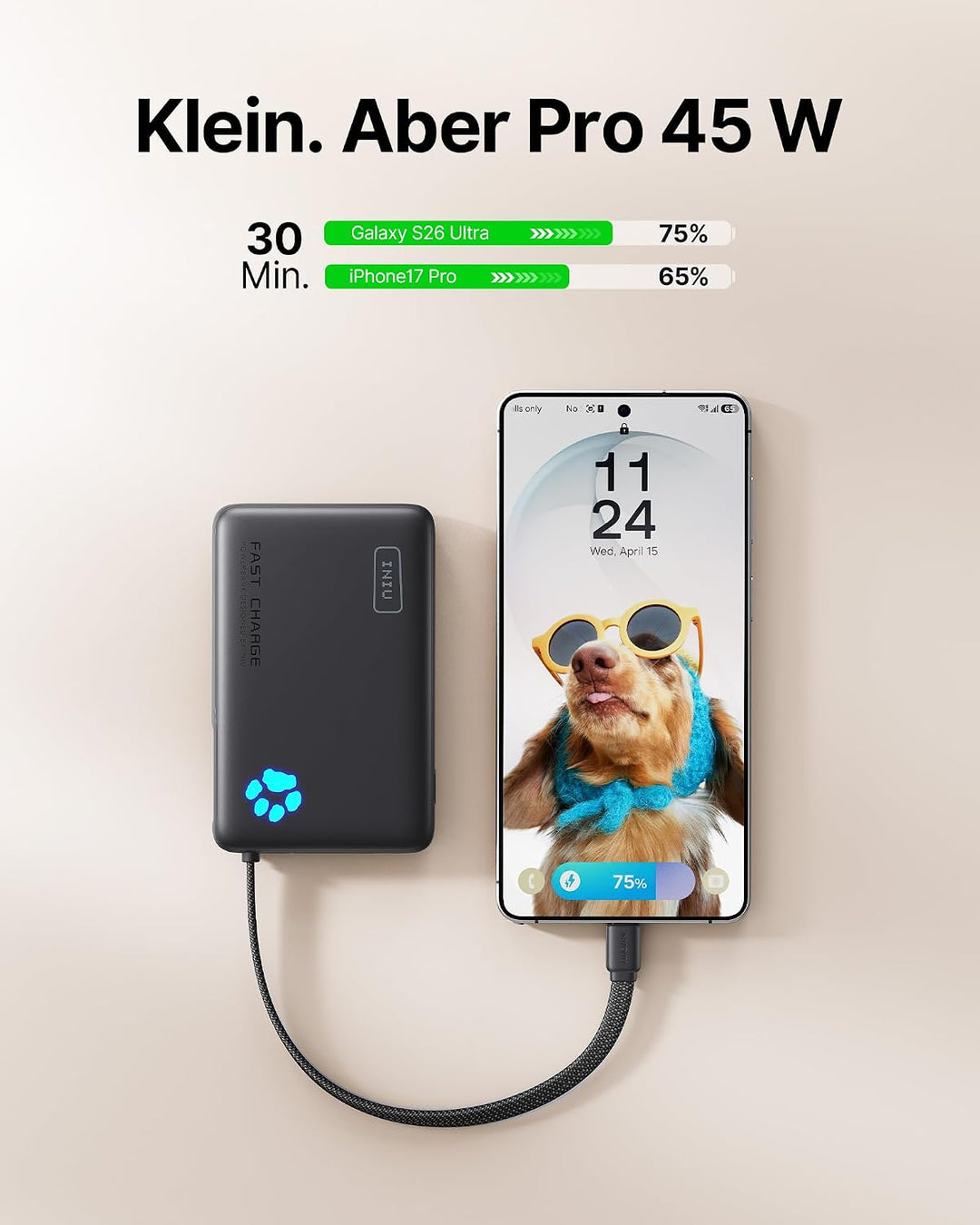 INIU 45W Power Bank, Mini-Grösse 10000mAh PowerBank mit Integriertem USB-C Kabel, Schnellladen Exter