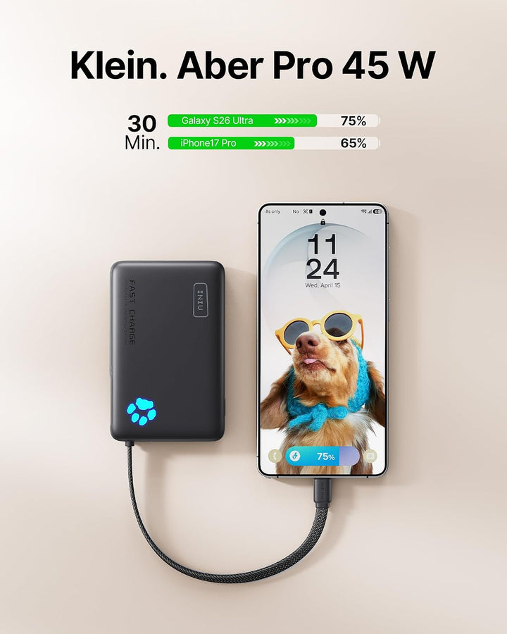 INIU 45W Power Bank, Mini-Grösse 10000mAh PowerBank mit Integriertem USB-C Kabel, Schnellladen Exter