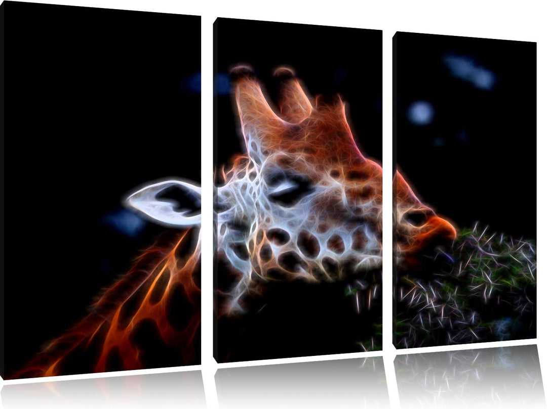 Dark schöne Giraffe beim Fressen NewArt 3-Teiler Leinwandbild 120x80 Bild auf Leinwand, XXL riesige