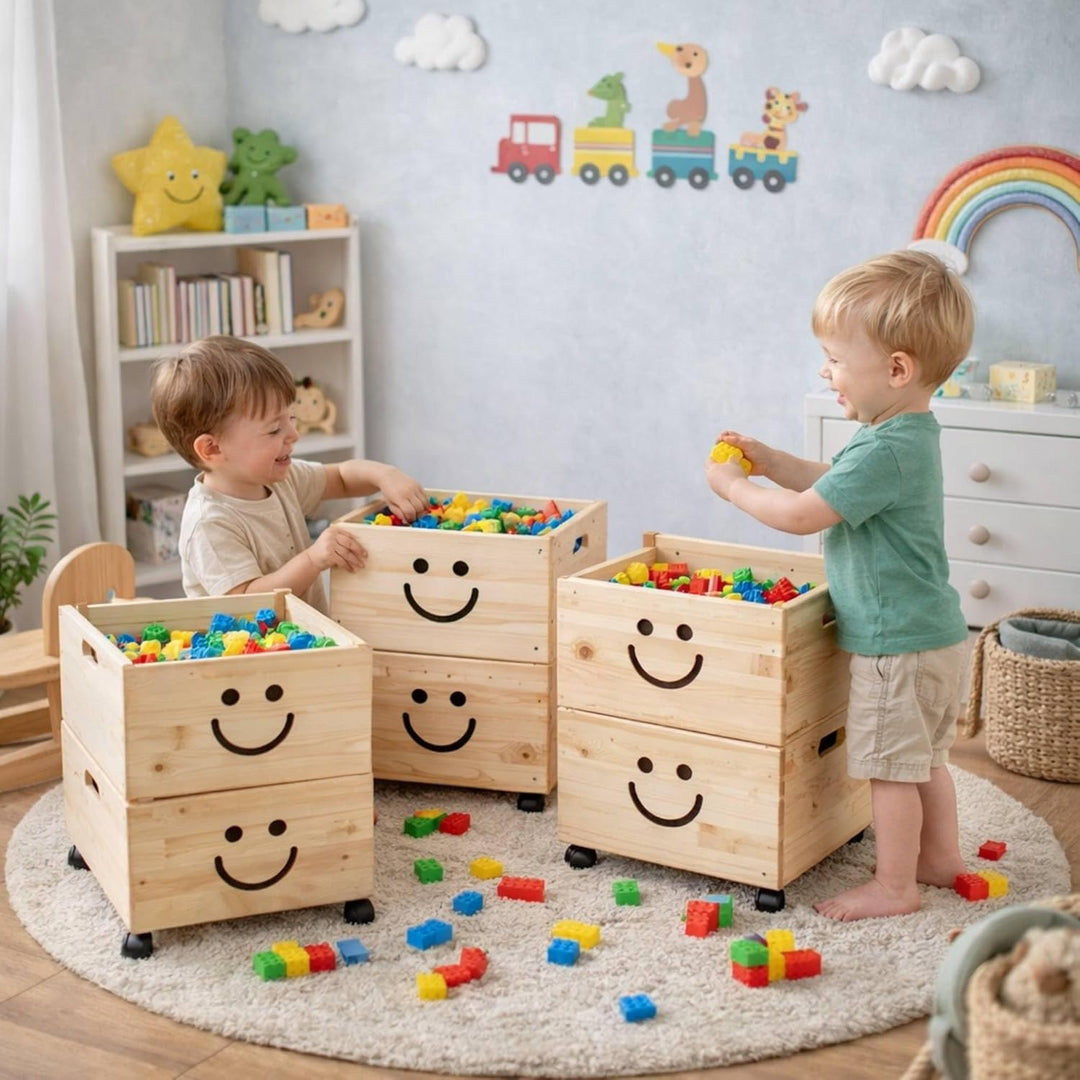 Pinus - Spielzeugkiste Holz mit Deckel 3-in-1, Spielzeug Aufbewahrung Lächeln, 39x30x74 cm, Aufbewah