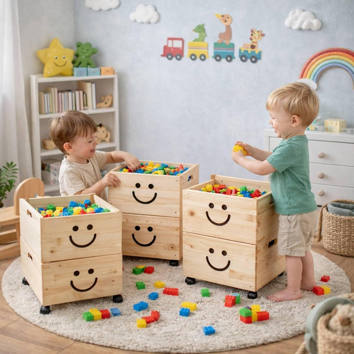 Pinus - Spielzeugkiste Holz mit Deckel 3-in-1, Spielzeug Aufbewahrung Lächeln, 39x30x74 cm, Aufbewah