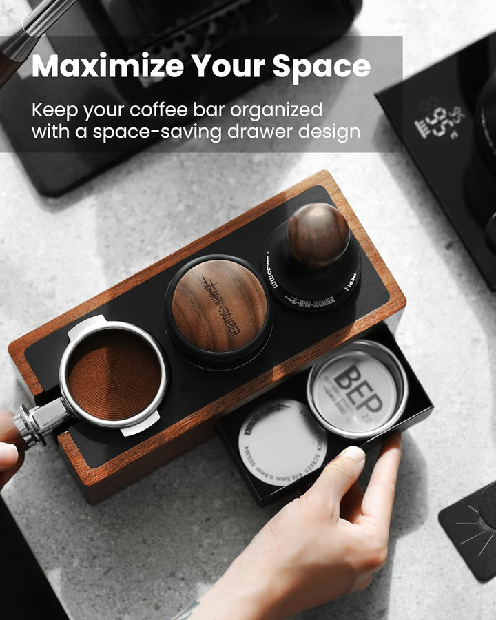 MHW-3BOMBER Espresso-Tampingstation, 4-in-1 Walnuss-Espresso-Organizer-Box mit magnetischer Schublad