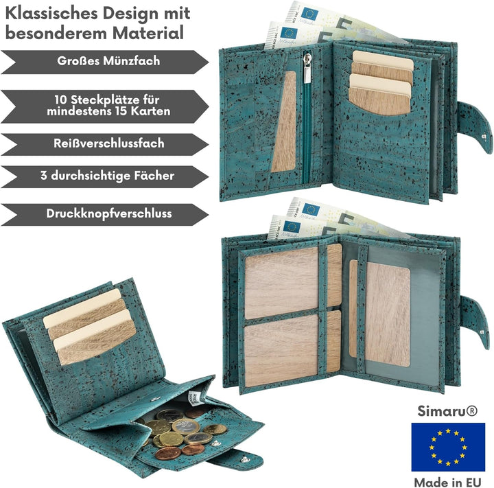 Simaru Damen Geldbörse aus Kork mit RFID-Schutz, Veganes Portemonnaie für 10+ Karten, Scheine &amp; Münz