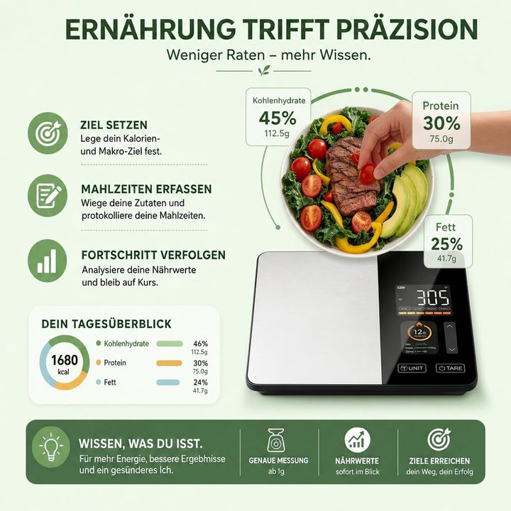 Küchenwaage digital mit Kalorienzähler & Nährwertberechnung | Smart Waage mit Bluetooth, App & TFT D