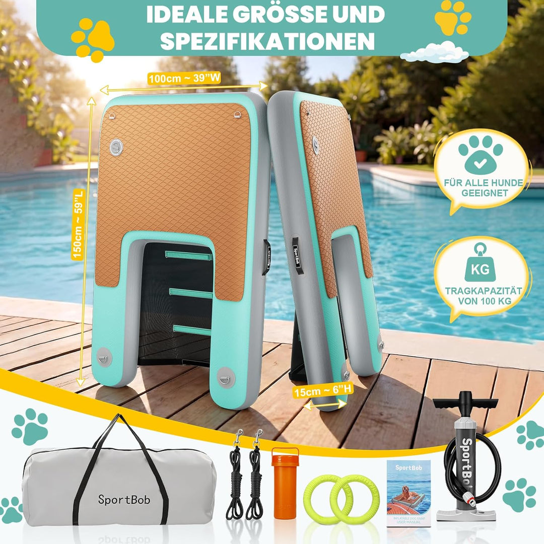 Hunderampe 150 x 100cm, Aufblasbar Hunde Wasserrampe, Reissfest und Langlebig, Aufblasbare Dog Ramp