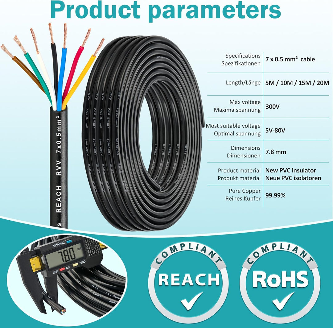 5M Anhängerkabel 7Polig, 0,5mm² Fahrzeugkabel KFZ Kabel 12V/24V, Abschleppseil 7 Kernanhängerkabel E