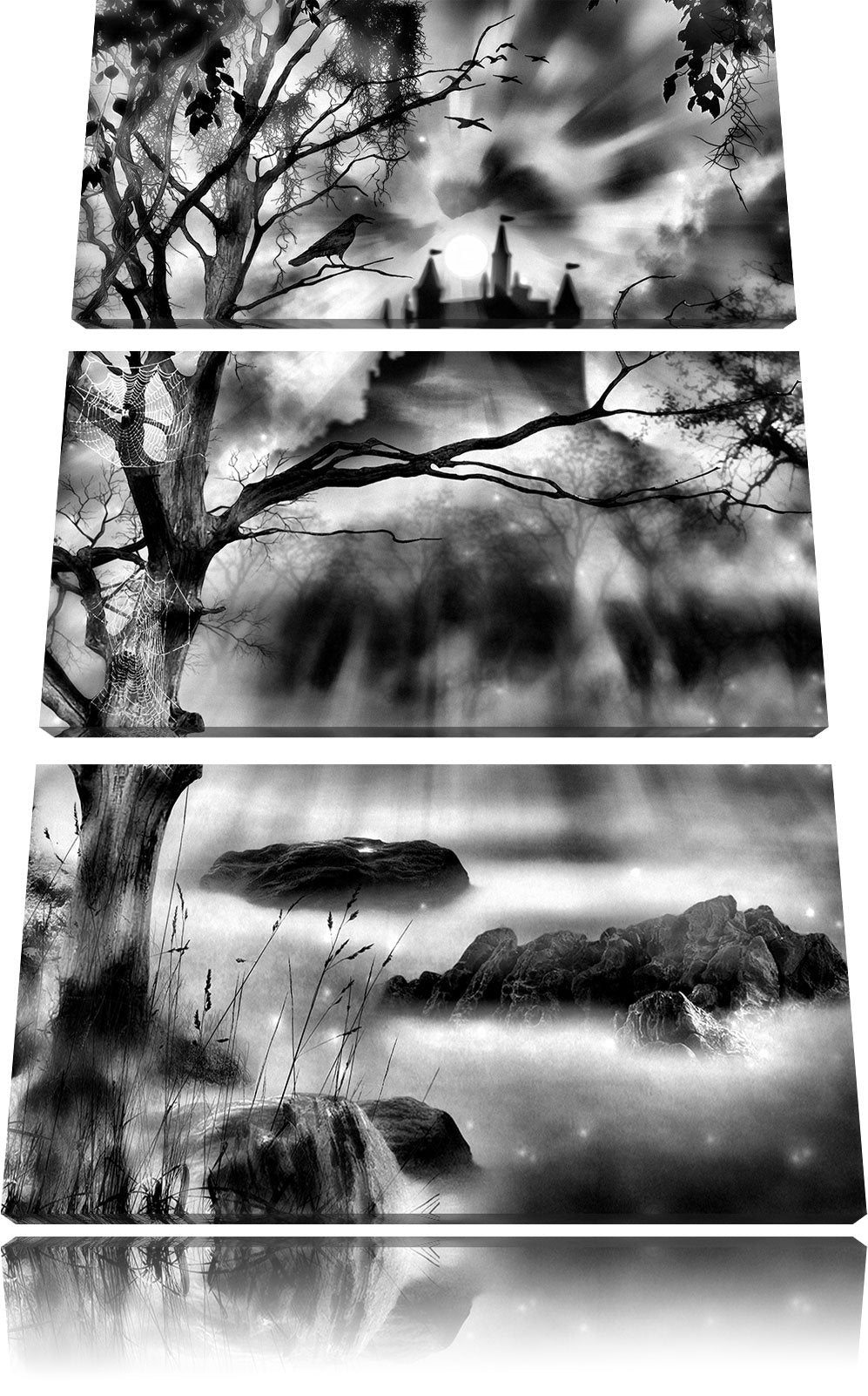 Pixxprint Düstere Burg als Leinwandbild/Grösse: 3 Teilig (120x80) / Wandbild/Kunstdruck/fertig bespa