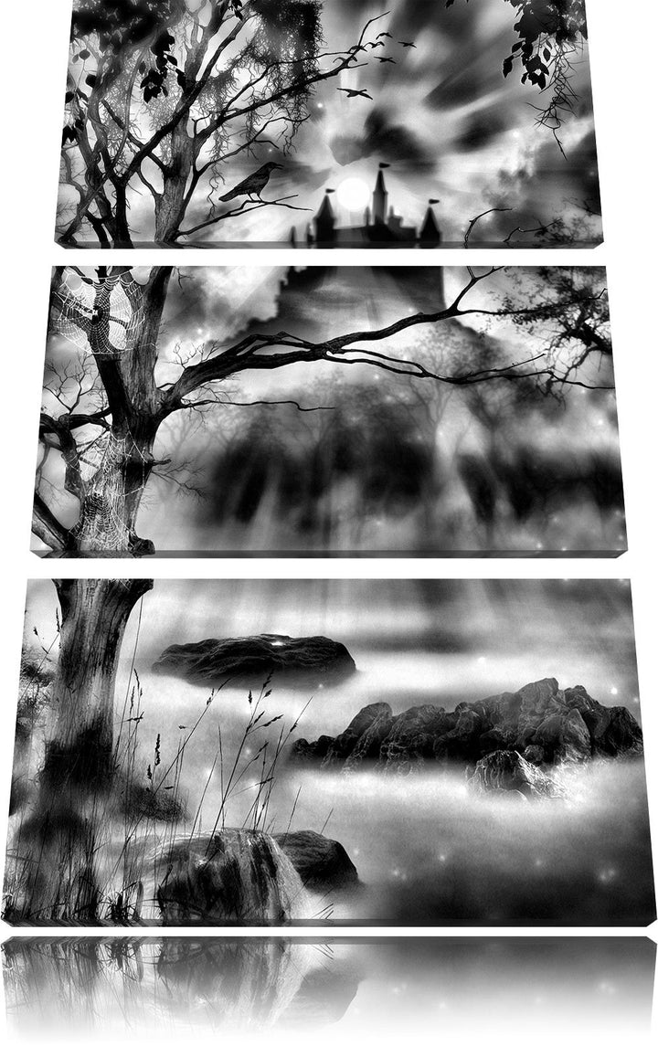 Pixxprint Düstere Burg als Leinwandbild/Grösse: 3 Teilig (120x80) / Wandbild/Kunstdruck/fertig bespa