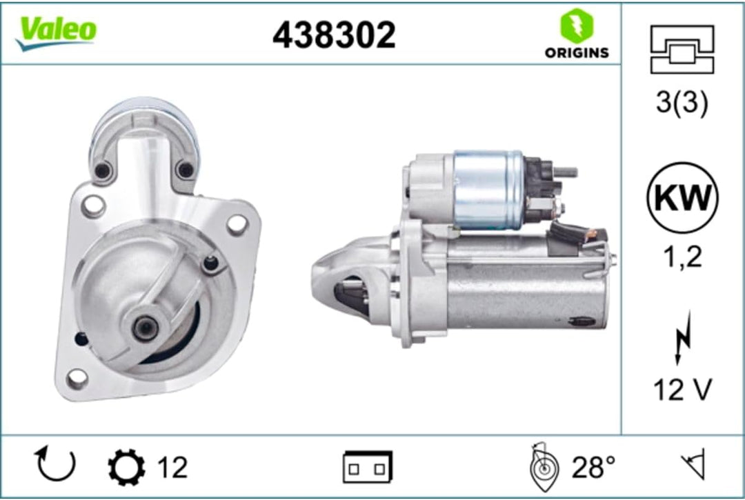 VALEO 438302 Starter Nennleistung: 1,2 kW Stop & Start: NO Zähnezahl: 12 zähne Spannung: 12 V Drehri