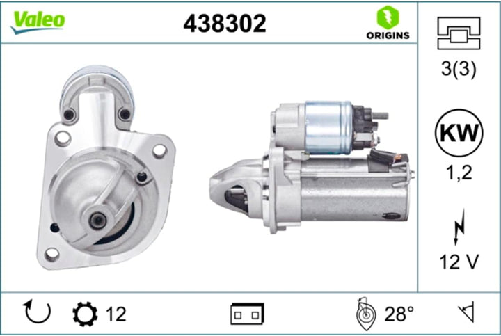 VALEO 438302 Starter Nennleistung: 1,2 kW Stop & Start: NO Zähnezahl: 12 zähne Spannung: 12 V Drehri