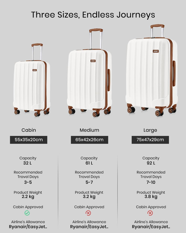 KONO Hartschale Gepäck Leichten ABS Reisekoffer Rollenkoffer 4 Rollen Cremeweiss L, Cremeweiss L