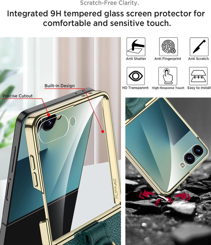 Miimall Lederhülle Kompatibel mit Samsung Galaxy Z Flip 7 Hülle mit Band+Ring Ständer [HD Displaysch