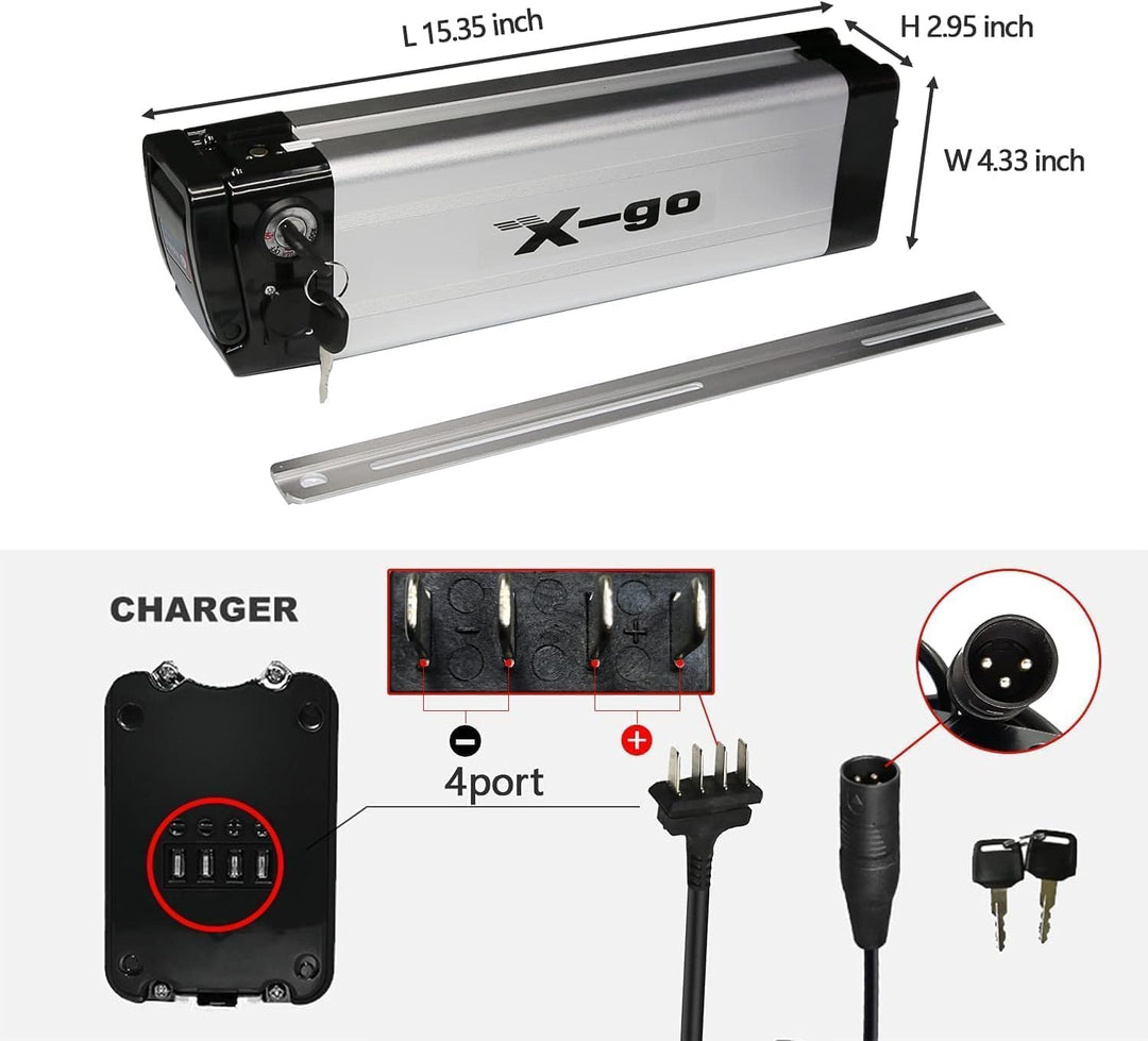 X-go E-Bike Akku 36V 10.4Ah LiIon Batterie, Silver Fish 4Pin Ebike Kit mit Ladegerät, Pedelec Fahrra