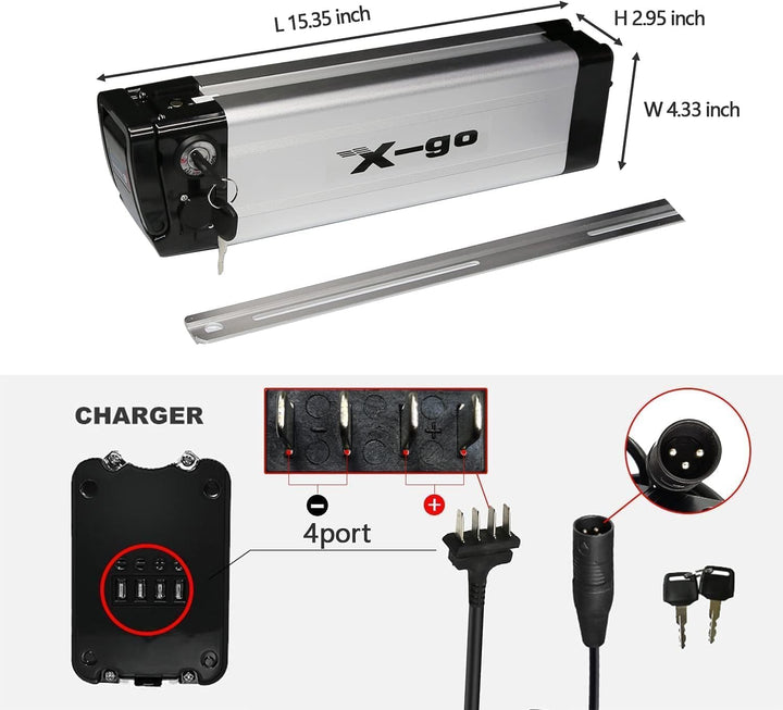 X-go E-Bike Akku 36V 10.4Ah LiIon Batterie, Silver Fish 4Pin Ebike Kit mit Ladegerät, Pedelec Fahrra