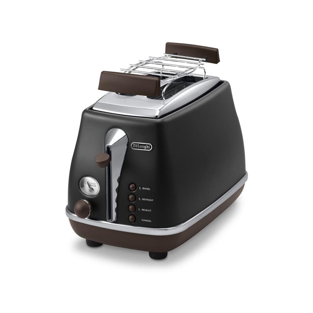 De'Longhi Toaster Icona Vintage CTOV2103.BK - 2-Schlitz-Toaster mit Brötchenaufsatz, Edelstahl in el