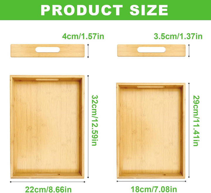Cinnani 2 Stück Tablett Serviertablett Bambus Holz, Holztablett Rechteckig, Bambus Serviertablett mi