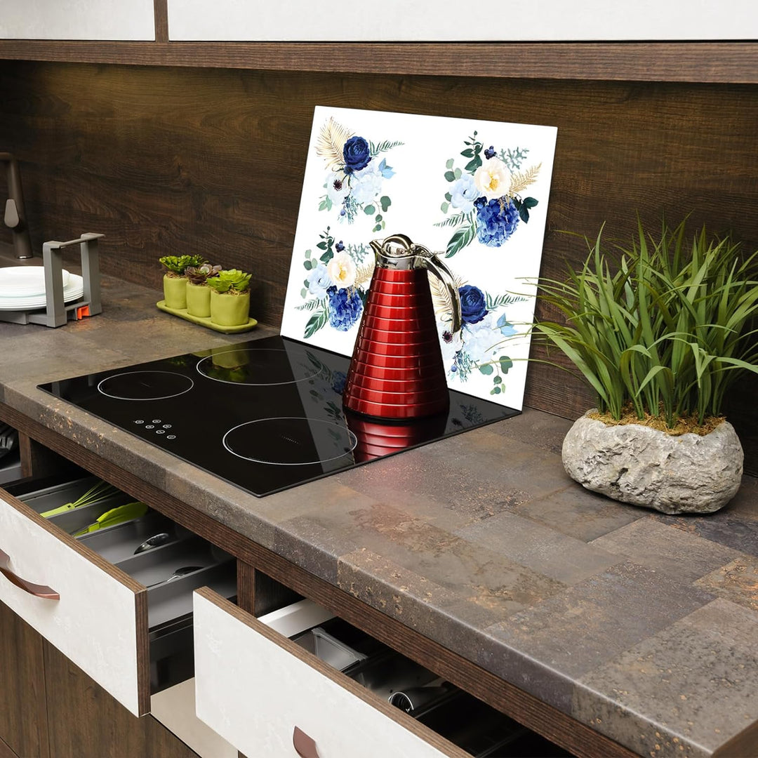 SmartDecoration Herdabdeckplatte Ceranfeldabdeckung aus Glas 60x52 cm Einteilig Motiv "Blumen" Weiss
