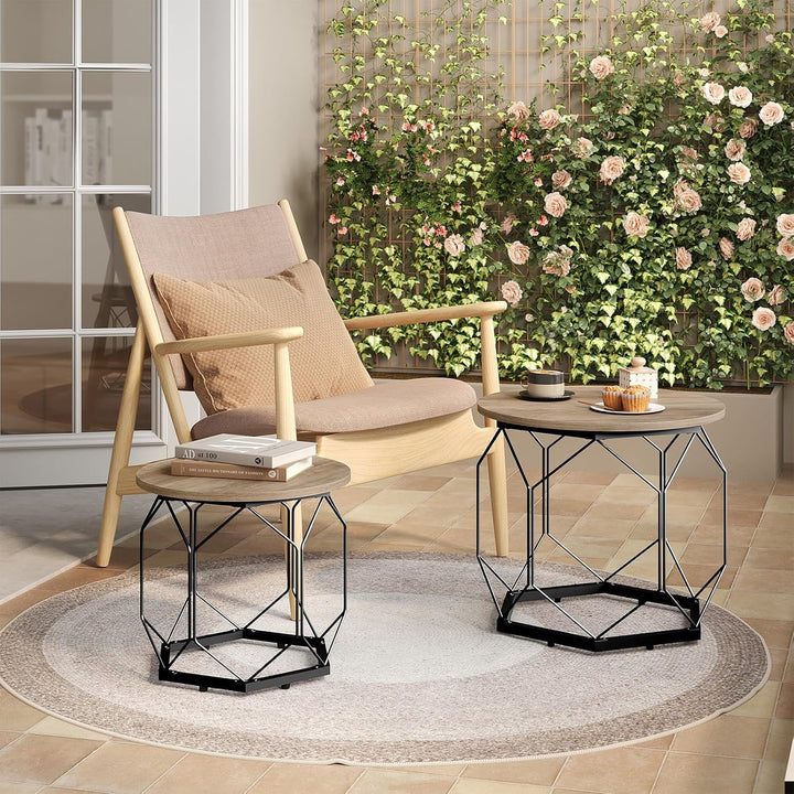 WOLTU 2er Set Couchtisch, Beistelltisch mit runder Tischplatte, Sofatisch mit hohlem Metallrahmen, W
