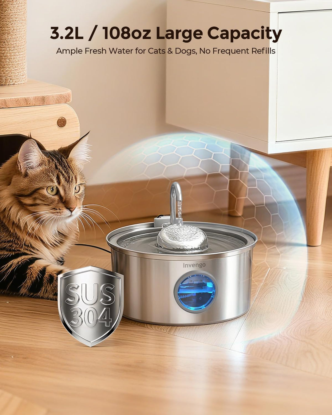 Katzenbrunnen Edelstahl, 3.2L Ultra-Leiser Trinkbrunnen für Katze mit Wasserstandsanzeige und 5-Fach