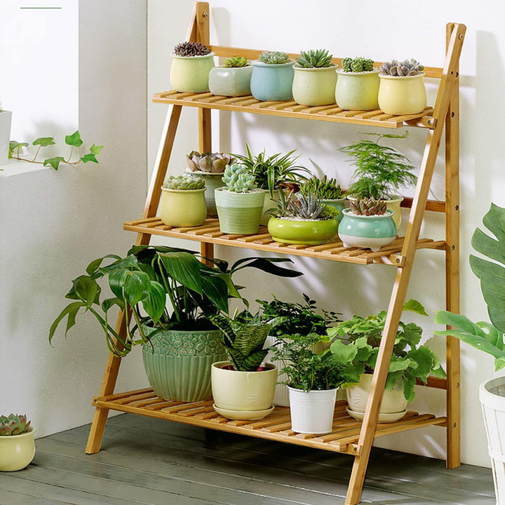 medla Blumentreppe aus Holz, Blumenständer für innen draussen, 3-stufig, Pflanzentreppe Klappbar, Bl