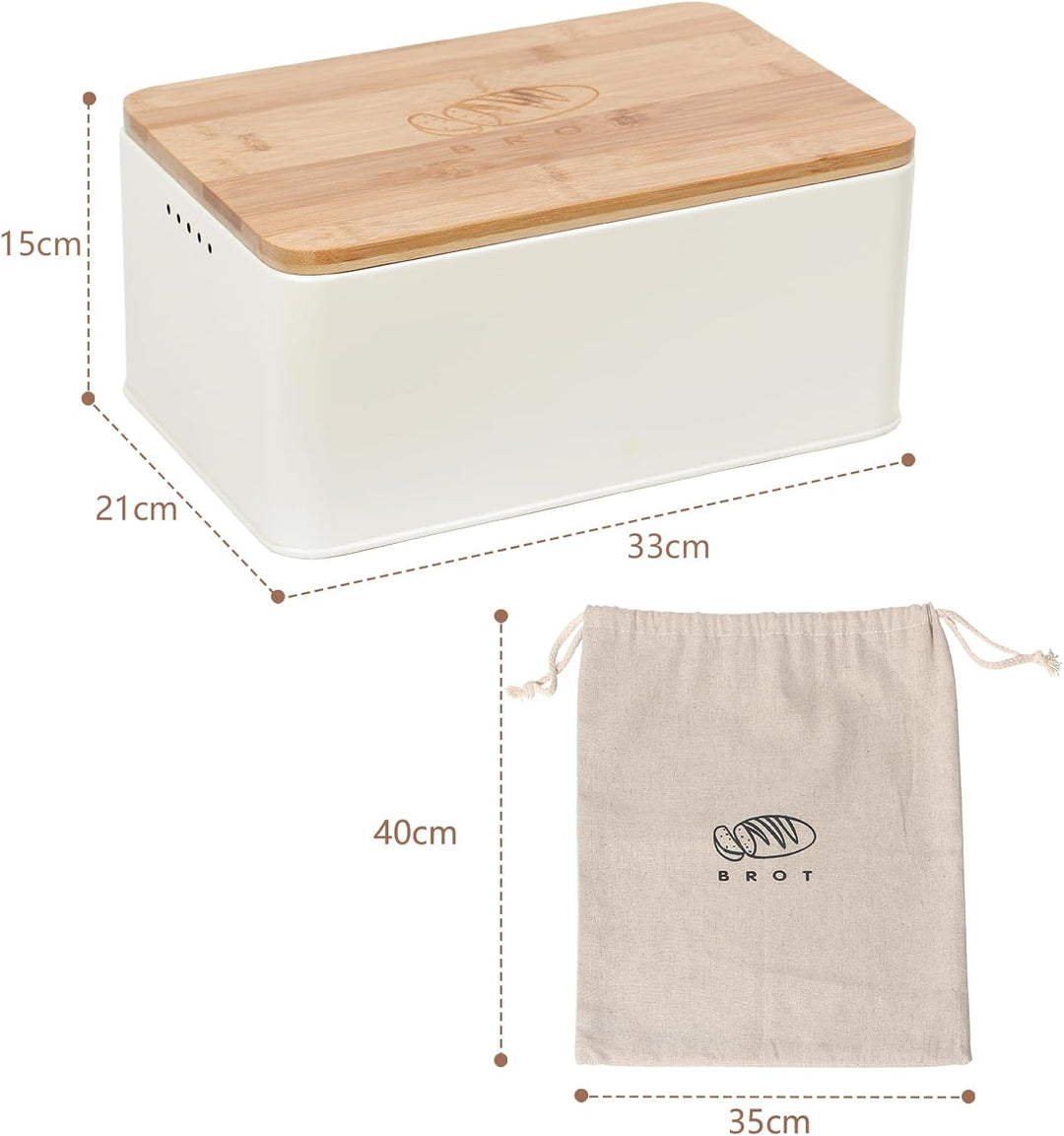 Theo&Cleo Brotkasten mit Schneidebrett , 33x21x15cm , Matte Brotbox mit Bambusdeckel und Leinen Brot