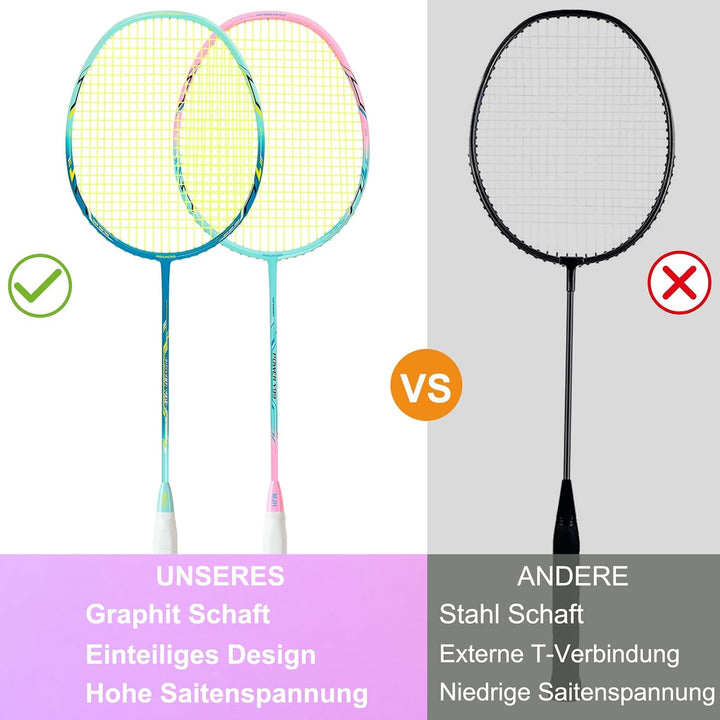 Badminton Set mit 2 Graphit Schläger - Kratzfestes Design - Federball Set für Erwachsene Incl. Feder