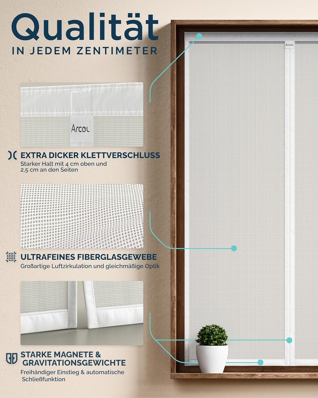 ARCOL Fliegengitter Fenster Magnet 100x150 cm aus Fiberglas – Schluss mit Mücken in 3 Min, Ultrafein