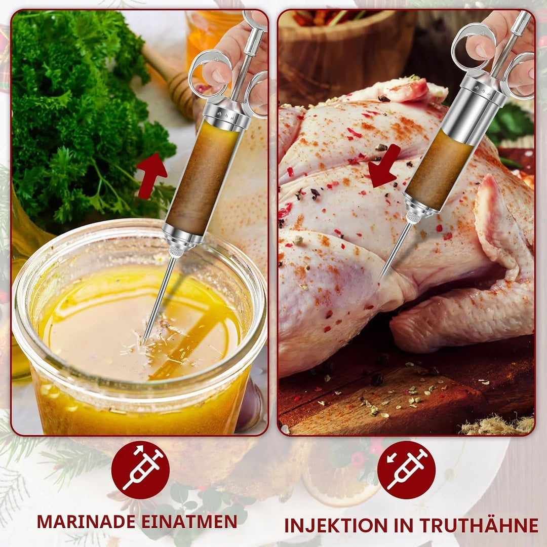 Edelstahl Fleischspritze, Marinadenspritze Kit mit 3 Marinierspritze Nadeln und 2 Reinigungsbürste,