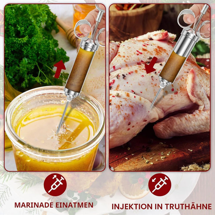 Edelstahl Fleischspritze, Marinadenspritze Kit mit 3 Marinierspritze Nadeln und 2 Reinigungsbürste,